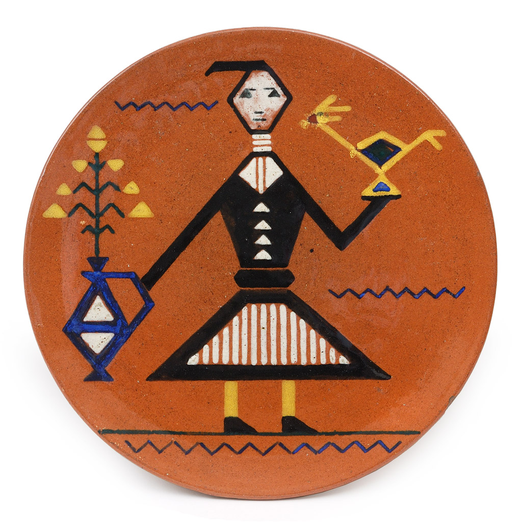 Украсни тањир Жена са птицом и вазом са цвећем